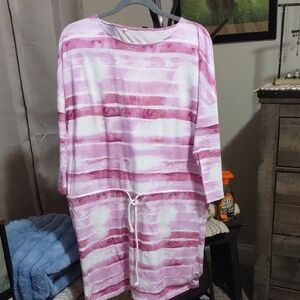 Isaac Mizrahi Pink & White Striped Drawstring Midi Tunic